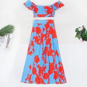 SHEIN VCAY Resort Floral Print Flutter Sleeve Crop Top & Skirt Set size XS